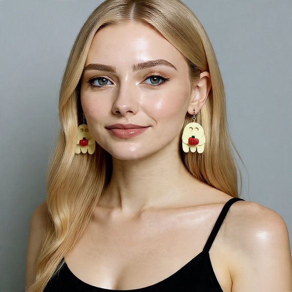 White Ghost Holding a Pumpkin - Handmade Earrings - Picture 8 of 8